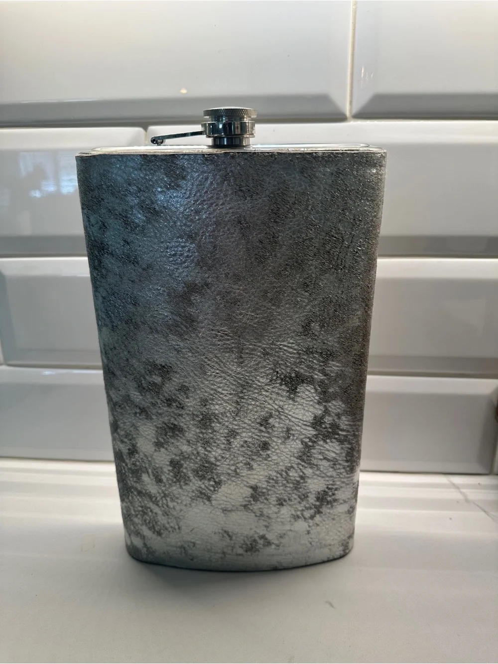 Top Shelf Extra Tall Silver Cowhide Flask – Stainless Steel 64 oz